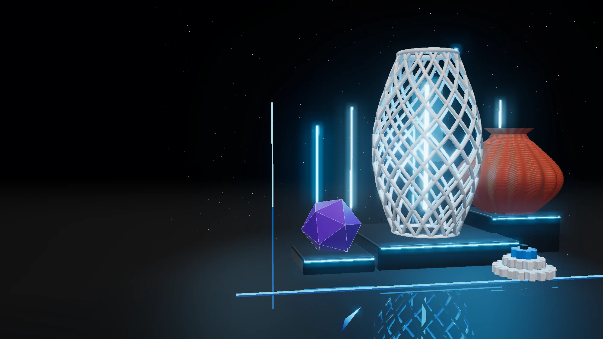 Luminária vazada, vaso e dado impressos em 3D em um estúdio escuro com luzes azuis